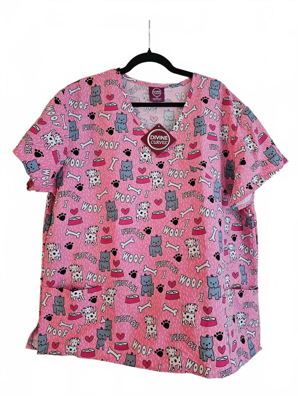 Divine Curves Pink Puppy Dog Print Scrub Top-Size 2x-Workwear Ready-NWT